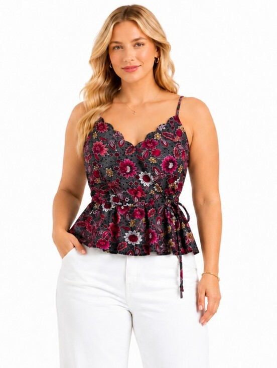 nine britton Tops - Nine Britton Floral Faux Wrap Scalloped  Peplum Cami Top NWT L